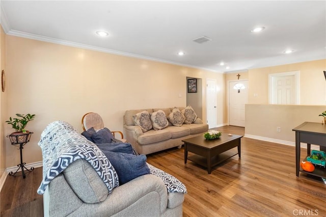 living room with crown molding and wood-type flooring