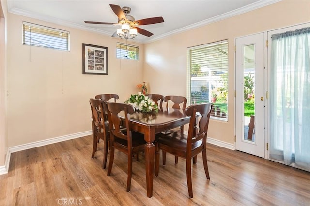 dining space with light hardwood / wood-style flooring, crown molding, and a wealth of natural light