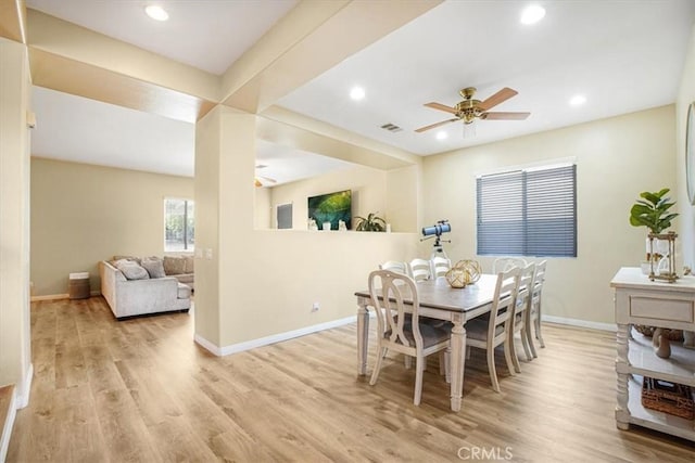 dining room with light wood-style floors, baseboards, visible vents, and ceiling fan