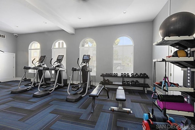 workout area featuring carpet flooring