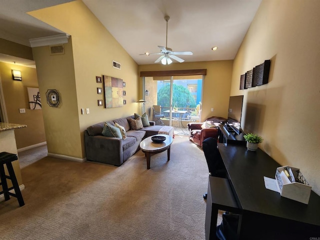 living room with crown molding, carpet floors, high vaulted ceiling, and ceiling fan