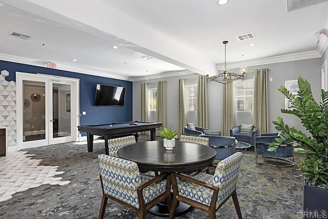 game room featuring ornamental molding, pool table, and french doors