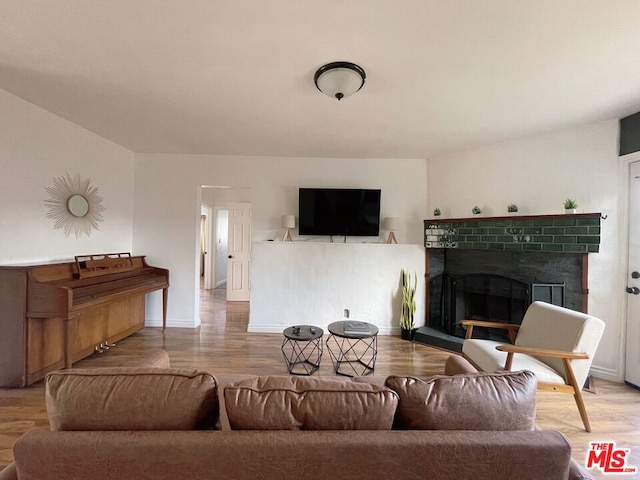 living room featuring a fireplace and light hardwood / wood-style flooring