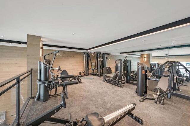 exercise room featuring carpet and wood walls