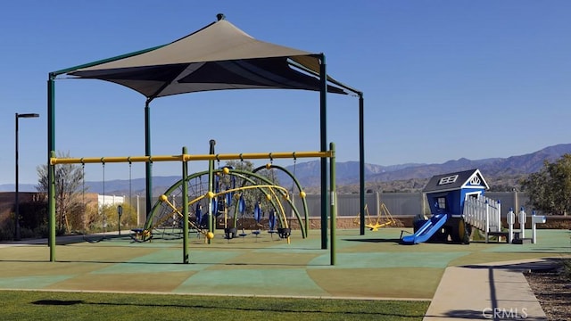 view of play area with a mountain view