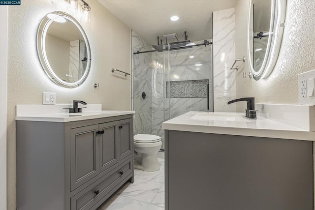 bathroom with vanity, toilet, and walk in shower