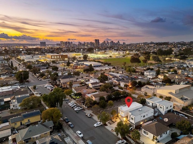 view of aerial view at dusk