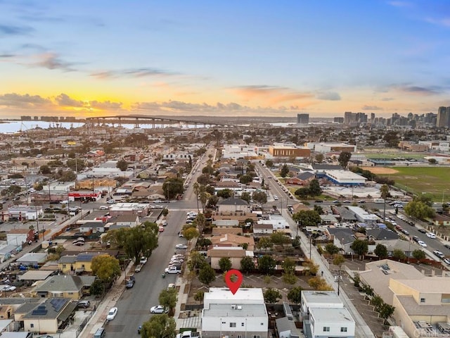 view of aerial view at dusk