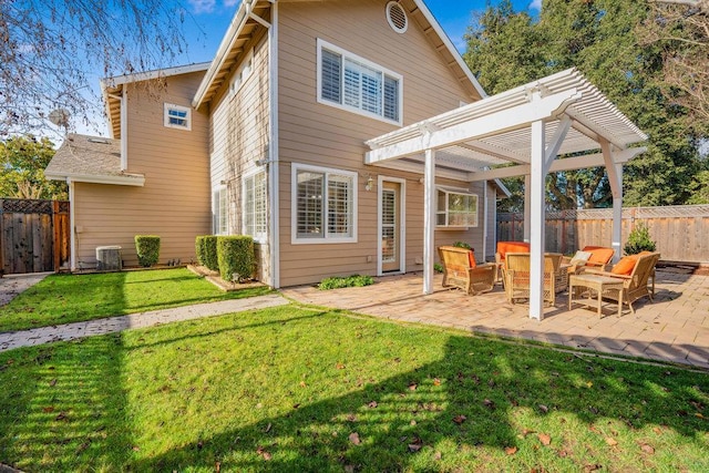 rear view of house with a yard, cooling unit, a patio area, and a pergola