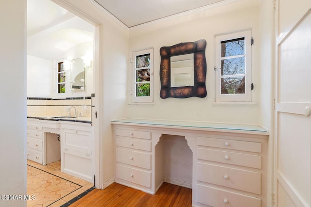 bathroom featuring vanity, backsplash, and hardwood / wood-style floors