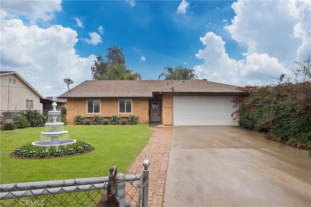 single story home featuring stucco siding, an attached garage, a front yard, fence, and driveway