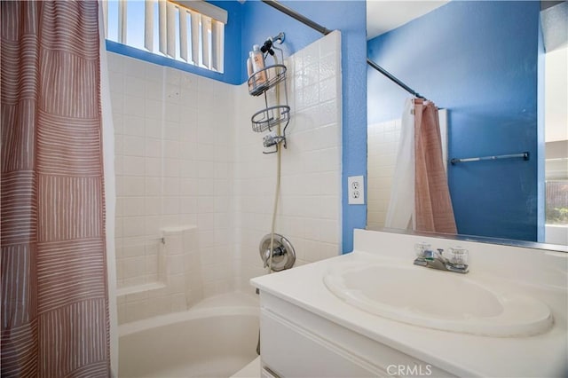 full bath with shower / bathtub combination with curtain and vanity