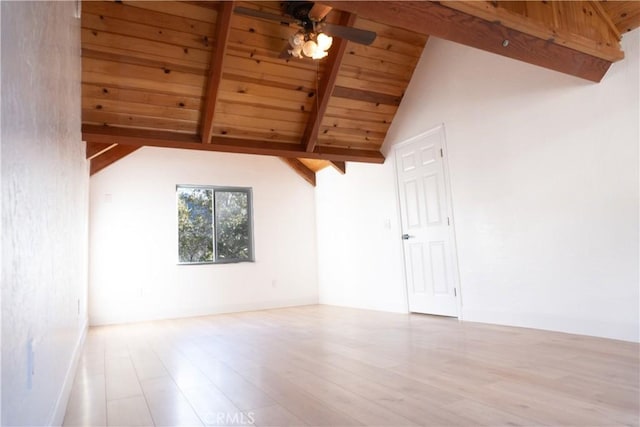 interior space with hardwood / wood-style flooring, vaulted ceiling with beams, wooden ceiling, and ceiling fan