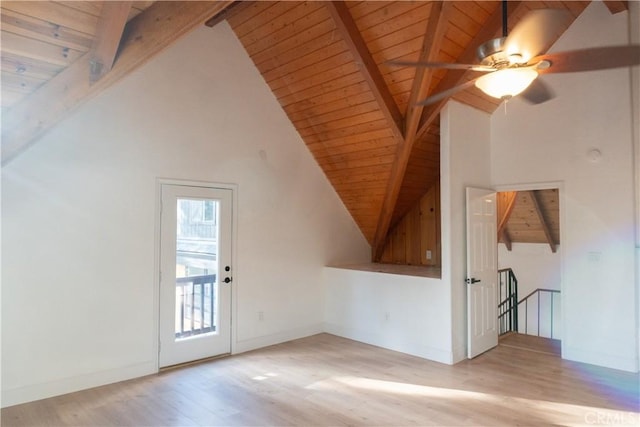 additional living space featuring ceiling fan, light hardwood / wood-style floors, wooden ceiling, and beamed ceiling