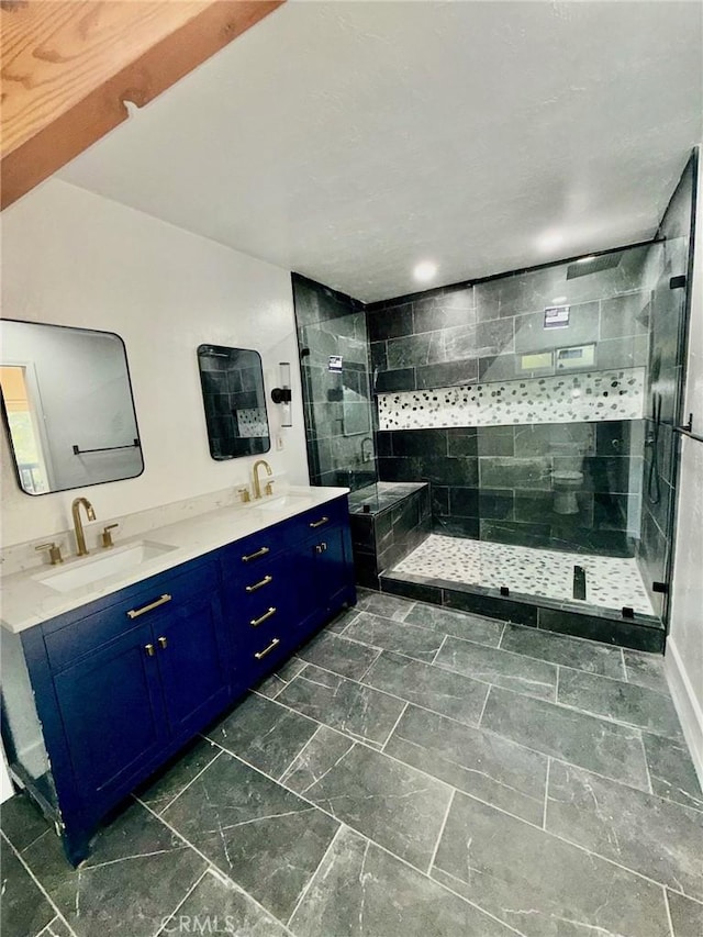 bathroom with vanity and a shower with shower door