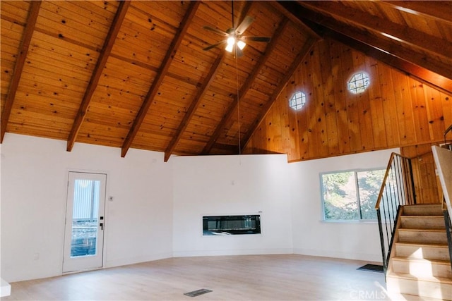 unfurnished living room featuring beamed ceiling, heating unit, wooden ceiling, and ceiling fan