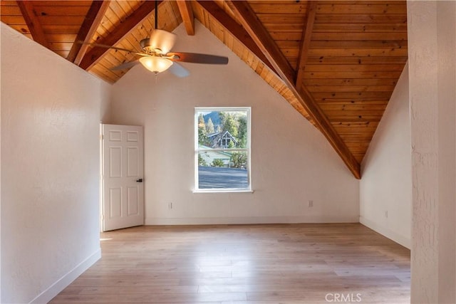 additional living space featuring vaulted ceiling with beams, ceiling fan, light hardwood / wood-style flooring, and wooden ceiling