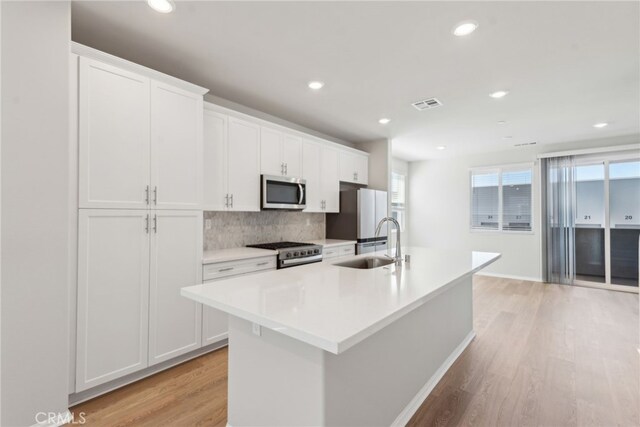 2718 Crozier Ct, Pomona, CA 91767 - kitchen with appliances with stainless steel finishes, a sink, a center island with sink, backsplash, and white cabinetry