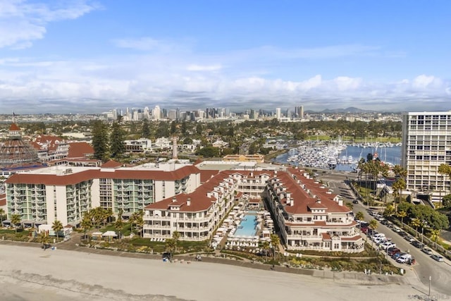 drone / aerial view with a water view