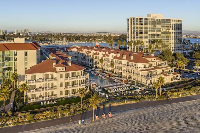 view of building exterior featuring a water view