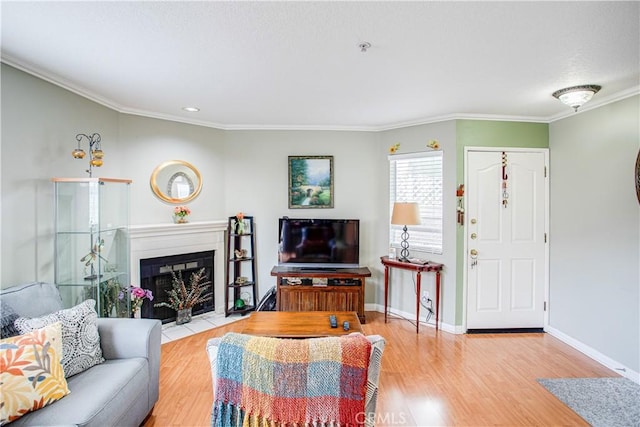 living room with ornamental molding and light hardwood / wood-style floors