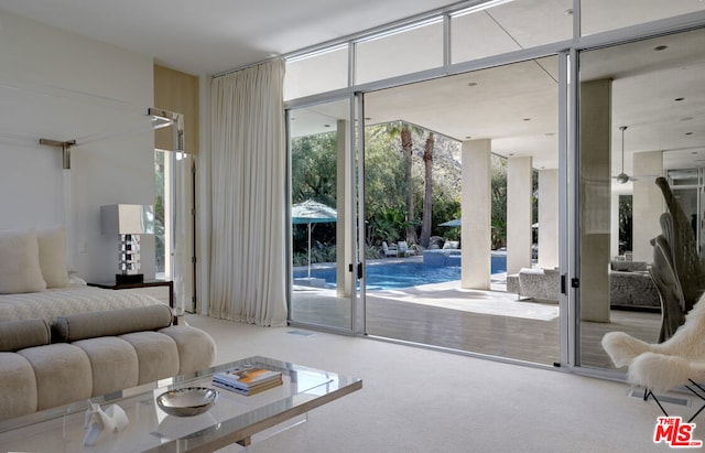 carpeted living room featuring floor to ceiling windows