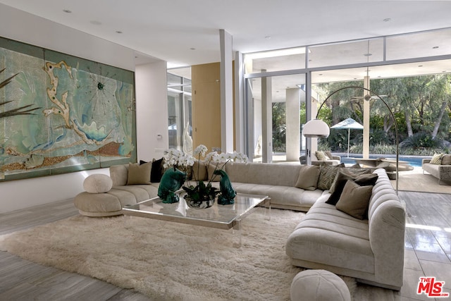 living room featuring a wall of windows and light hardwood / wood-style floors