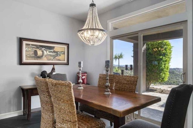 dining room with dark wood-type flooring and a chandelier