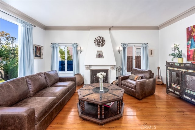 living room featuring wood-type flooring, a large fireplace, and ornamental molding