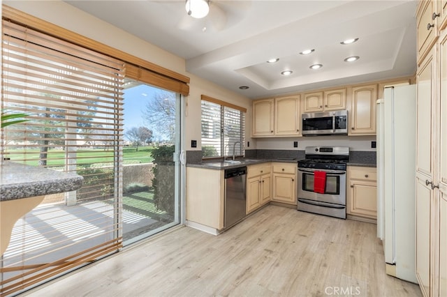 573 La Costa Dr, Banning, CA 92220 - kitchen with light wood-style flooring, a sink, dark countertops, appliances with stainless steel finishes, and a raised ceiling