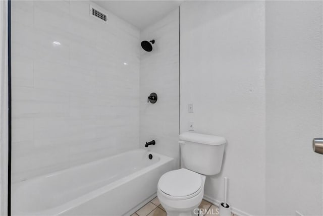 bathroom featuring tile patterned flooring,  shower combination, toilet, baseboards, and visible vents