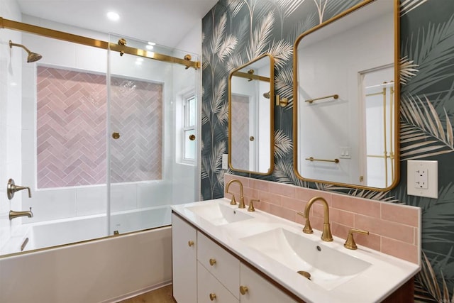 full bathroom featuring enclosed tub / shower combo, double vanity, a sink, and decorative backsplash