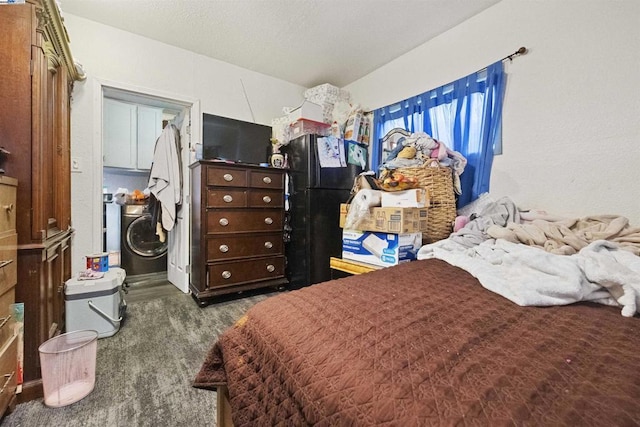 carpeted bedroom featuring black fridge