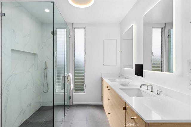 1900 Catalina St, Laguna Beach, CA 92651 - full bath with a sink, tile patterned floors, a marble finish shower, and double vanity
