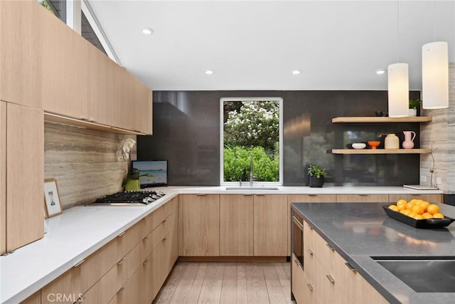 1900 Catalina St, Laguna Beach, CA 92651 - kitchen featuring tasteful backsplash, light brown cabinetry, and modern cabinets
