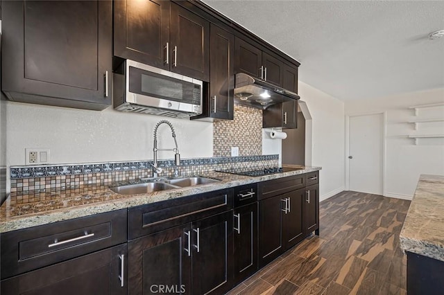 kitchen with dark brown cabinetry, sink, dark hardwood / wood-style floors, black electric stovetop, and backsplash