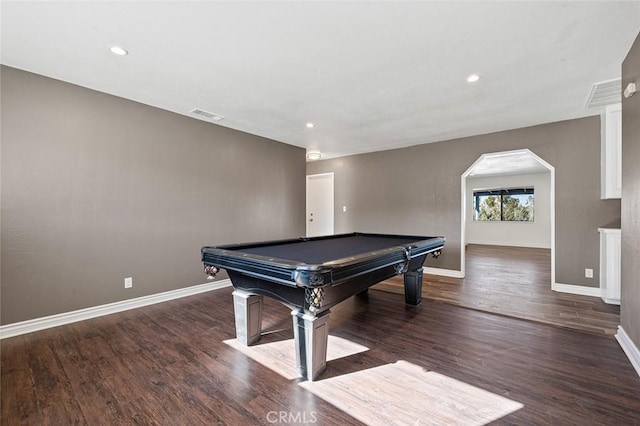 rec room with pool table and dark wood-type flooring