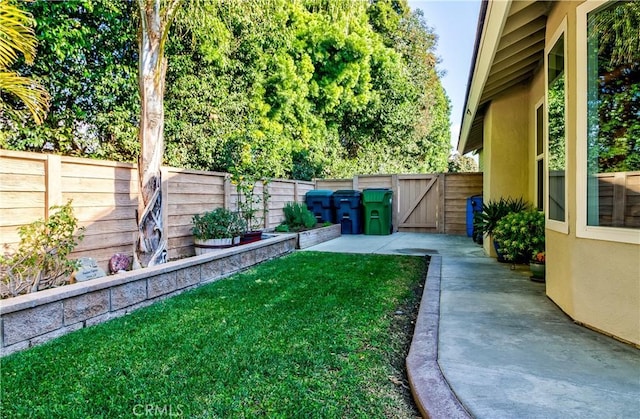 view of yard with a patio area, a fenced backyard, and a gate