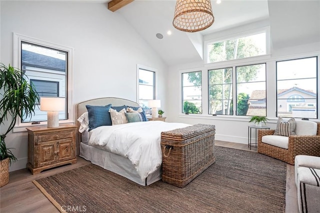 409 39th St, Newport Beach, CA 92663 - bedroom featuring beamed ceiling, wood finished floors, recessed lighting, multiple windows, and high vaulted ceiling