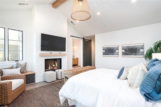 409 39th St, Newport Beach, CA 92663 - bedroom featuring a barn door, beamed ceiling, a large fireplace, recessed lighting, and high vaulted ceiling