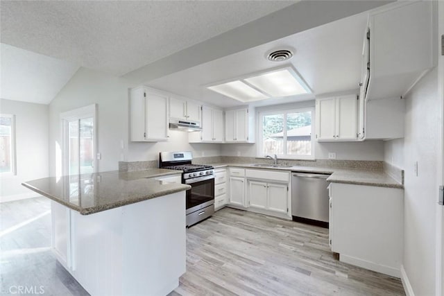 kitchen with white cabinetry, appliances with stainless steel finishes, kitchen peninsula, and sink