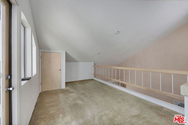 additional living space with lofted ceiling, carpet flooring, a wealth of natural light, and a textured ceiling