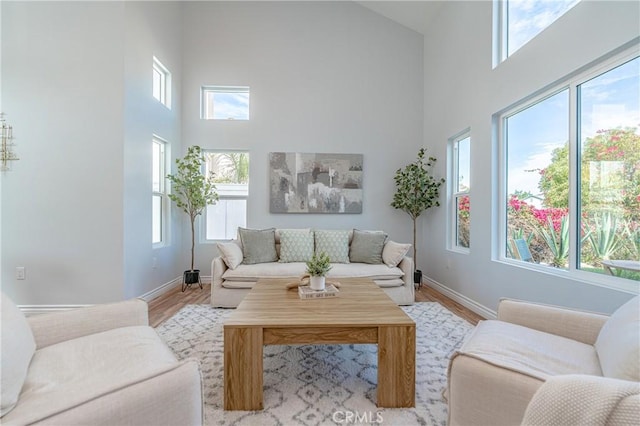 living room with a towering ceiling and light hardwood / wood-style floors