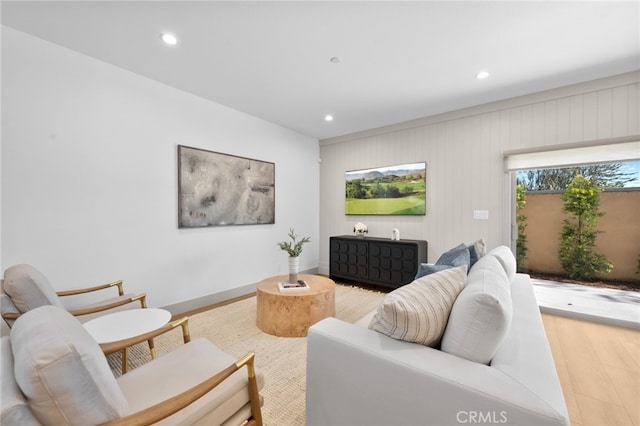 living room featuring recessed lighting and light wood finished floors