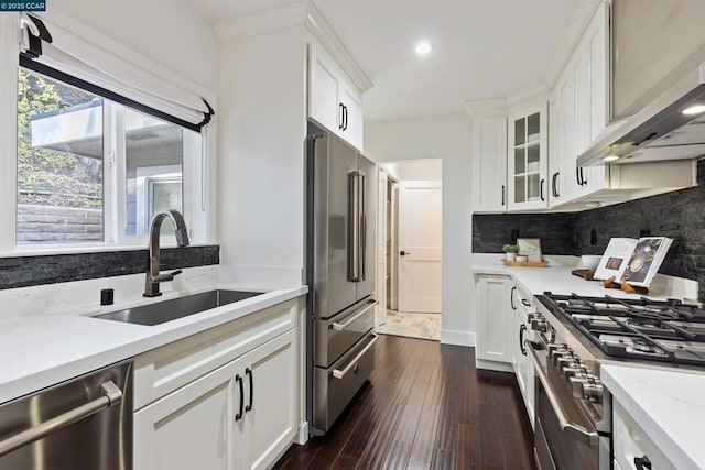 kitchen featuring sink, white cabinets, and high quality appliances