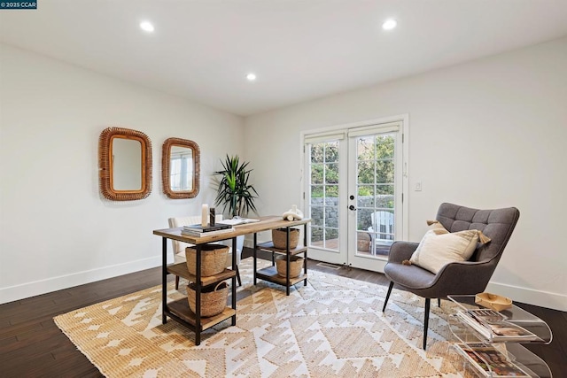 office area with light hardwood / wood-style flooring and french doors