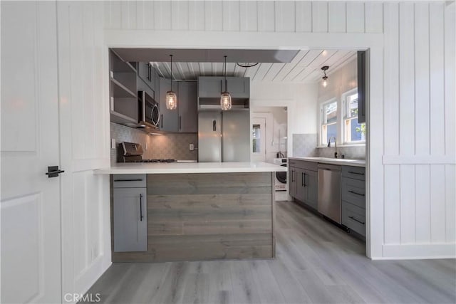 kitchen with sink, appliances with stainless steel finishes, gray cabinetry, tasteful backsplash, and kitchen peninsula