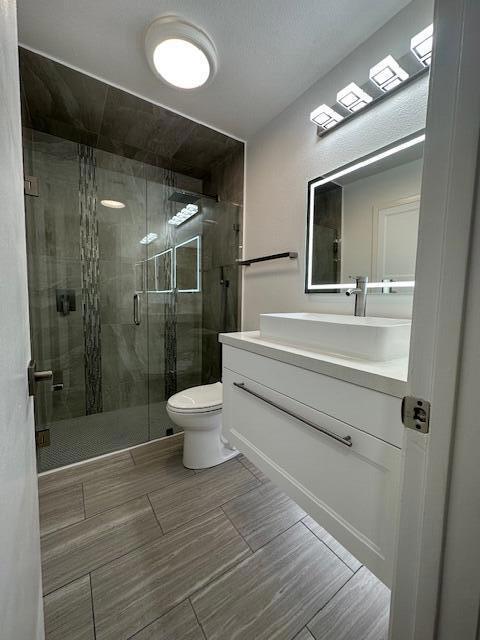 bathroom featuring a shower with door, vanity, and toilet