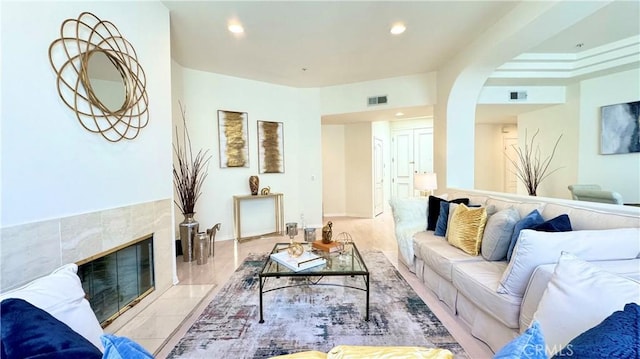 living room with a fireplace