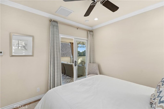 bedroom featuring crown molding and ceiling fan